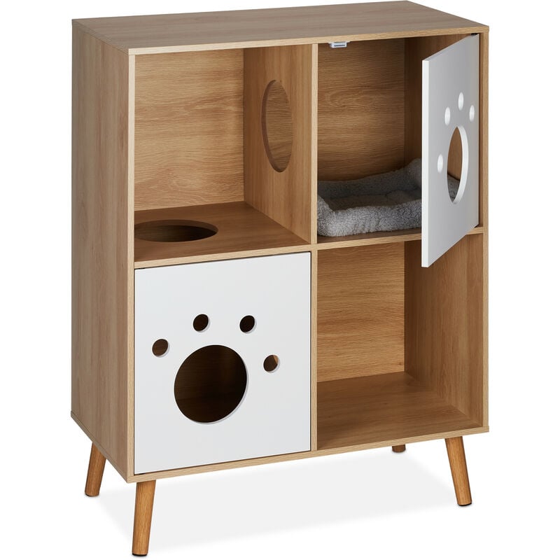 foto del prodotto relaxdays mobile da lettiera, mobiletto con 4 scomparti, comodino cuccia per gatti, hlp 96x75x40cm, bianco naturale
