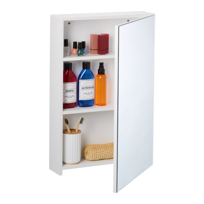 foto del prodotto relaxdays mobile da parete per il bagno, mobiletto con specchio e 3 ripiani, armadietto pensile, 60,5x40x12 cm, bianco