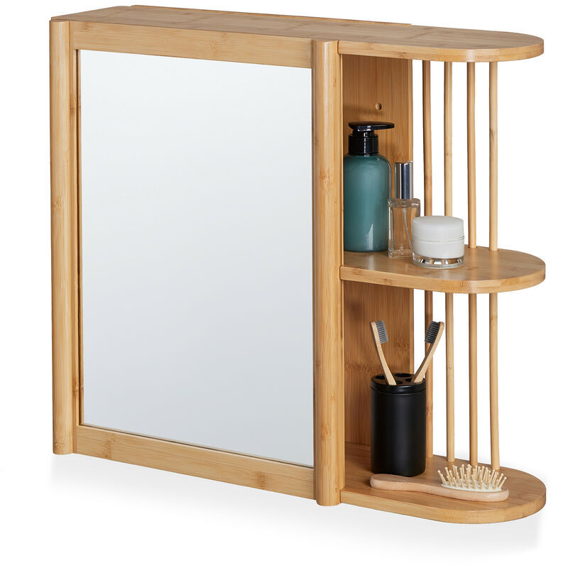 foto del prodotto relaxdays mobile da parete per il bagno, mobiletto in bamb con specchio e 2 ripiani semiaperti, 53x62x20 cm, marrone