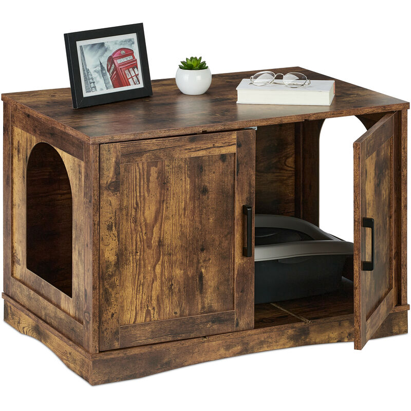foto del prodotto relaxdays mobile lettiera per gatti, armadietto con 2 porte ingresso aperto, 50x75,5x50 cm, casetta per mici, marrone