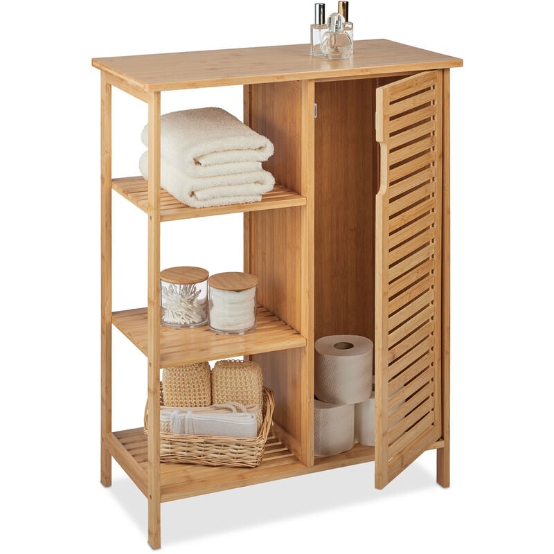 foto del prodotto relaxdays mobile per il bagno, in bamb , 4 ripiani aperti, salvaspazio, ampio vano con porta, hlp 87,5x67x33 cm, natura