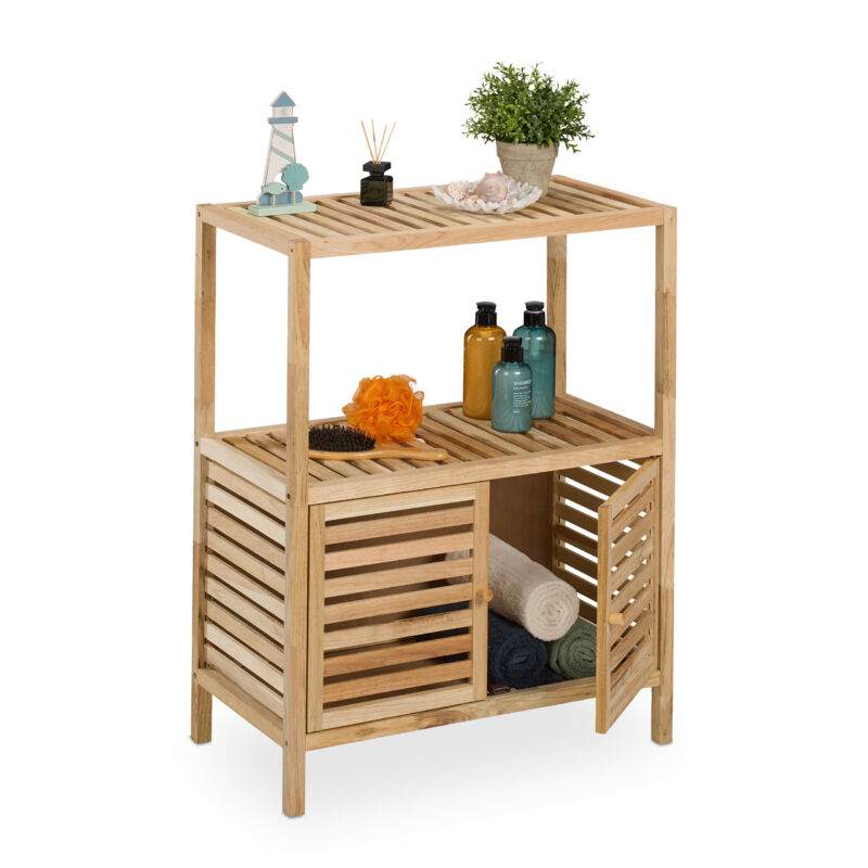 foto del prodotto relaxdays mobile salvaspazio per bagno e cucina, scaffale in legno noce, 2 ripiani, vano con ante, hlp 86x67,5x35,5 cm