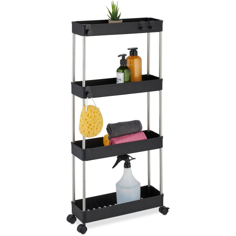foto del prodotto relaxdays mobile salvaspazio, scaffale su ruote con 4 ripiani, carrello per bagno e cucina, 88 x 41,5 x 14,5 cm, nero