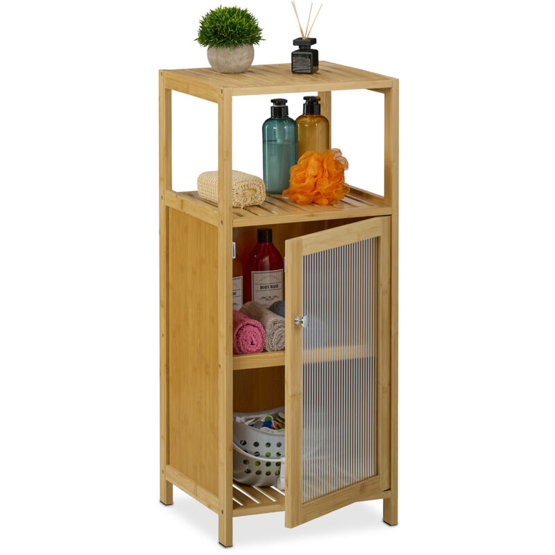 foto del prodotto relaxdays mobiletto bagno salvaspazio, mobile stretto con anta, hlp 87,5x36,5x35 cm, colonna a 3 scomparti in bamb 