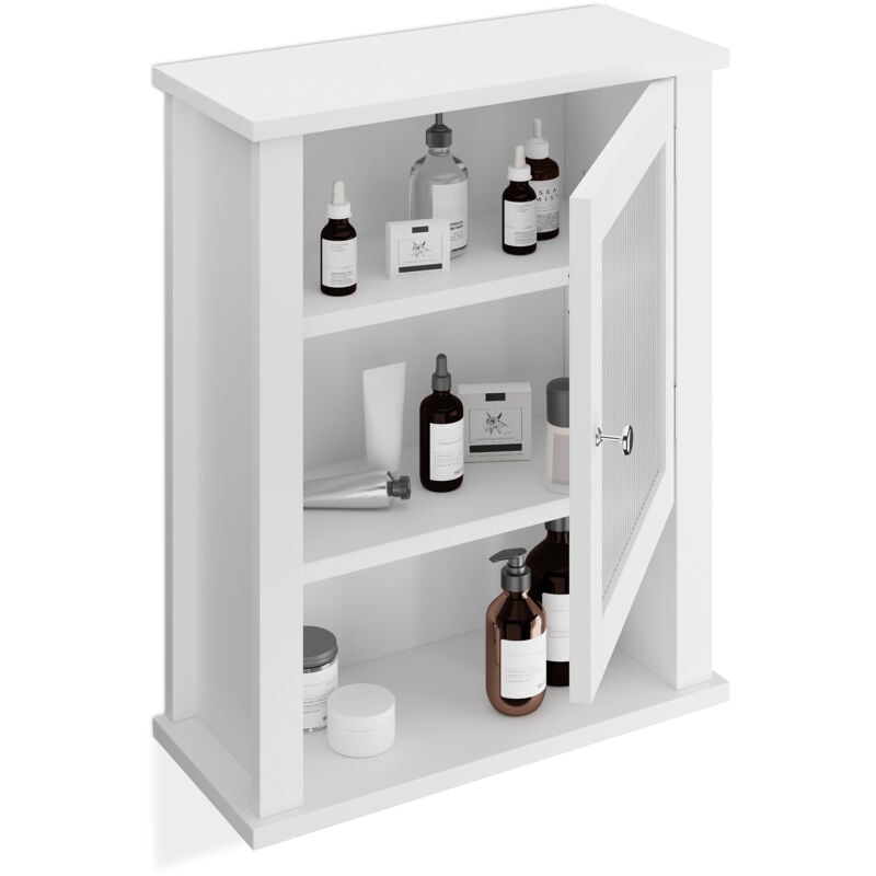foto del prodotto relaxdays mobiletto da bagno pensile, 3 ripiani e anta in acrilico, armadietto da parete, mdf, hlp 52x42x18 cm, bianco