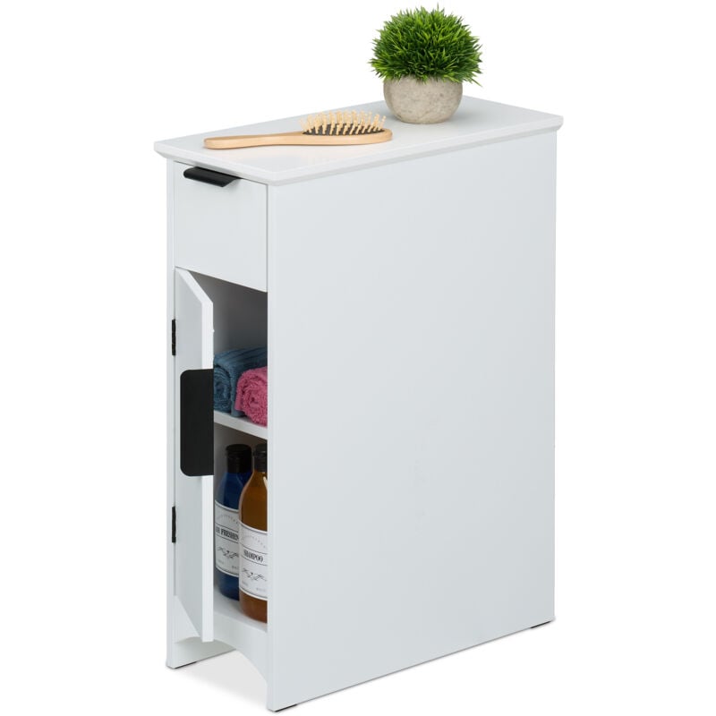foto del prodotto relaxdays mobiletto salvaspazio da bagno, scaffale cucina, armadietto con cassetto e 2 vani, 61,5x21x46 cm, mdf, bianco
