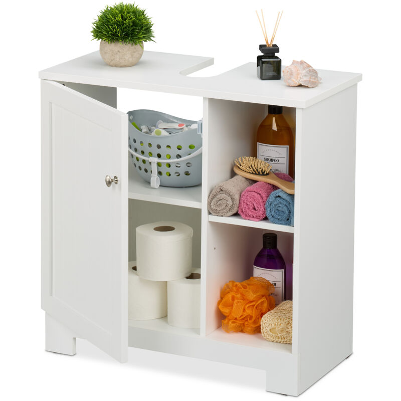 foto del prodotto relaxdays mobiletto sottolavabo bagno, armadio con anta e 4 scomparti, mobile sifone lavandino, 60x60x30 cm, mdf, bianco
