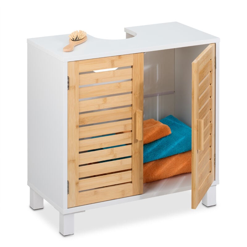 foto del prodotto relaxdays mobiletto sottolavabo, hlp 60x60x32 cm, armadietto lavandino, mobile da bagno, mdf e bamb , naturale bianco