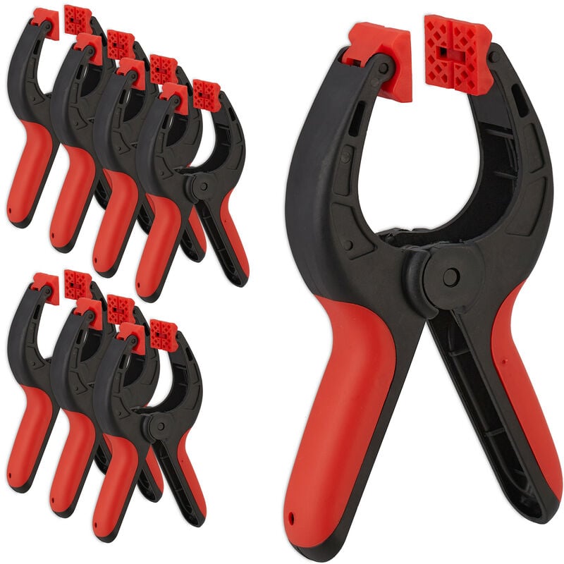 foto del prodotto relaxdays morsetti a molla in nylon, set da 8 pinze modellismo, apertura 7 cm, mollette morsa per teli, clip, rosso nero