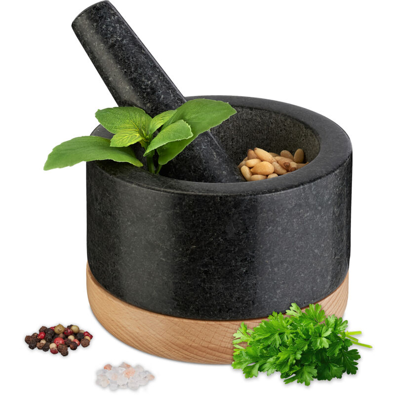 foto del prodotto relaxdays mortaio con pestello in granito, hxd 8,5x14 cm, schiaccia erbe per pesto e cocktail, base legno, naturale nero