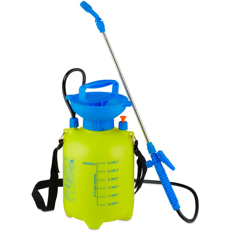 foto del prodotto relaxdays nebulizzatore a pressione, spruzzatore per piante, ugello regolabile e cinghia, plastica, 3 litri, giallo blu