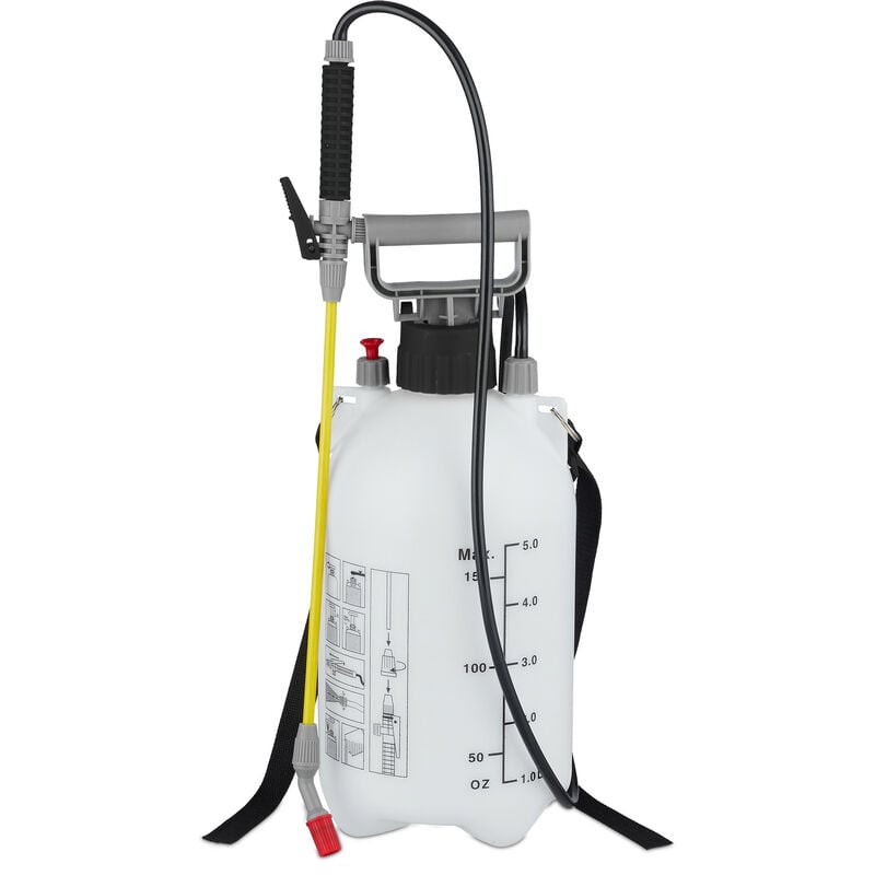 foto del prodotto relaxdays nebulizzatore a pressione, spruzzatore, ugello regolabile in ottone, per piante, cintura, 5 litri, bianco nero