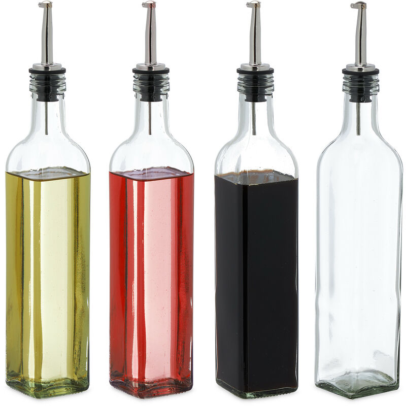 foto del prodotto relaxdays oliera e acetiera, set da 4 bottiglie di vetro con dosatore, 500 ml, olio e aceto, per condimenti, trasparente