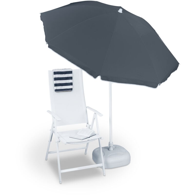foto del prodotto relaxdays ombrellone da giardino, spiaggia, diametro 180cm, 8 stecche, poliestere, inclinabile, grigio