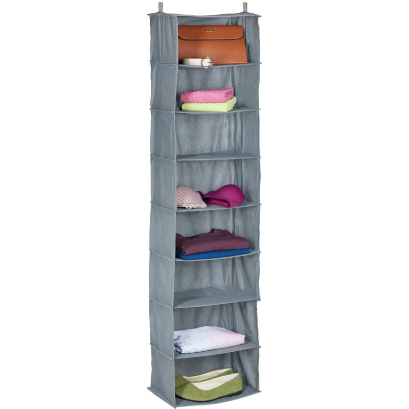 foto del prodotto relaxdays organizer armadio da appendere salvaspazio, 8 ripiani, 140x36x20 cm, inserto porta vestiti campeggio, grigio