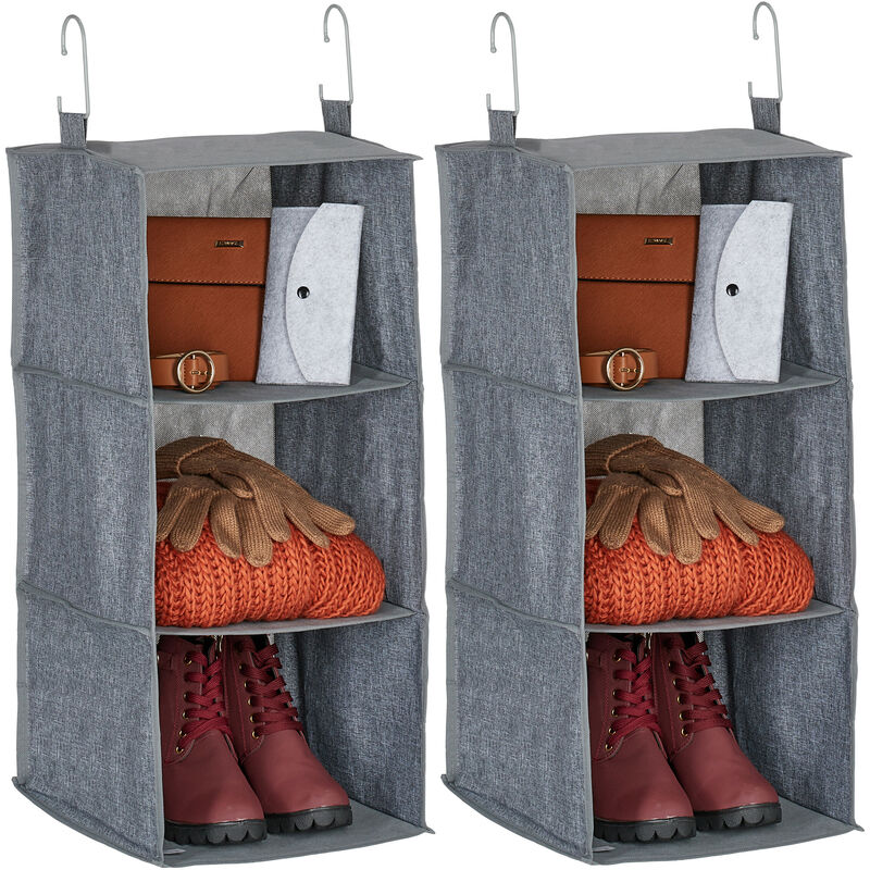 foto del prodotto relaxdays organizer armadio da appendere salvaspazio, set da 2, 3 ripiani ciascuno, 73x30x30 cm, porta vestiti, grigio