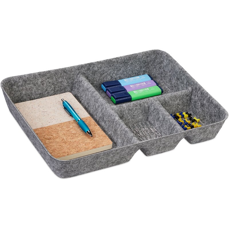 foto del prodotto relaxdays organizer cassetti in feltro, organizzatore per la scrivania, hlp 6,5 x 40 x 30 cm 4 scomparti, grigio chiaro