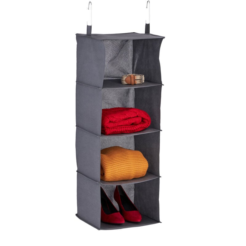 foto del prodotto relaxdays organizer da armadio, 4 ripiani, hlp 97x30x30 cm, divisore in stoffa, 2 ganci da appendere, guardaroba, grigio