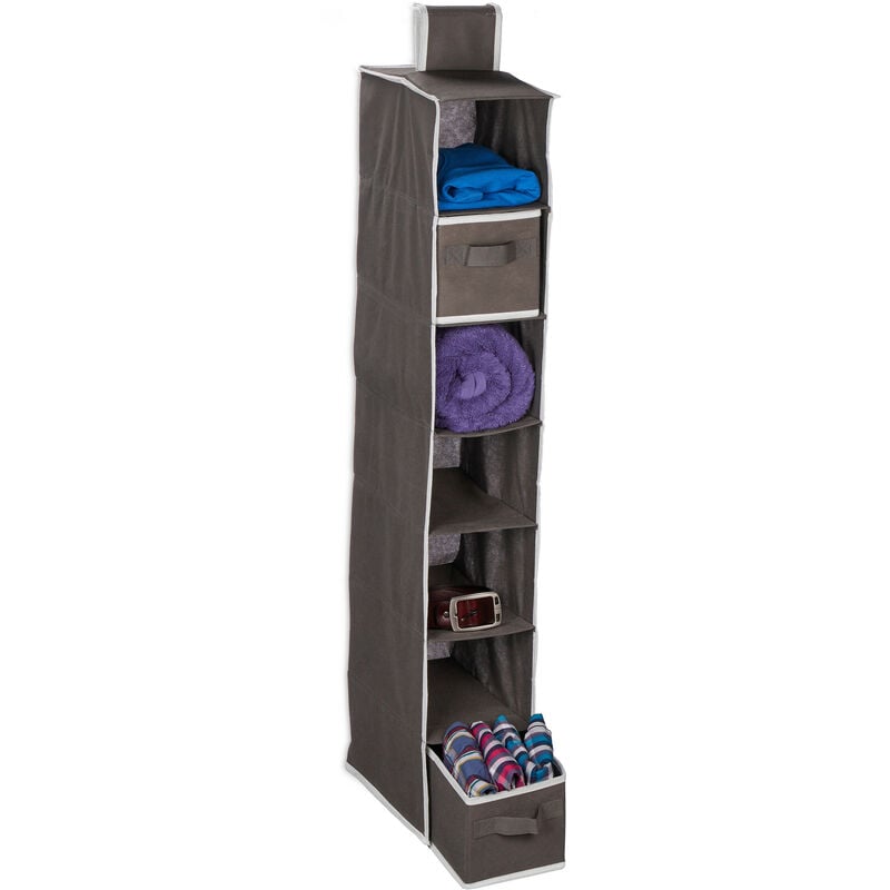foto del prodotto relaxdays organizer da armadio, 7 scomparti, 106x16,5x31 cm, divisore interno in stoffa da appendere, 2 cassetti, grigio