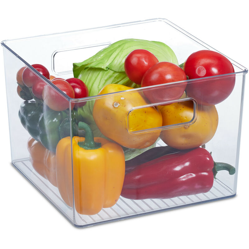 foto del prodotto relaxdays organizer da frigorifero, contenitore da cucina, box per alimenti, hlp 15,5x21x21 cm, con manici, trasparente