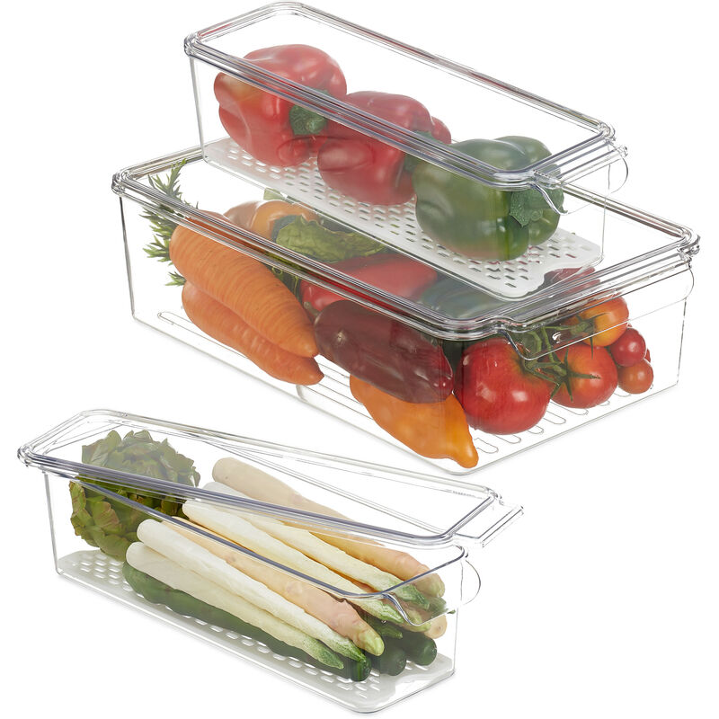 foto del prodotto relaxdays organizer da frigorifero, in set da 3, contenitore da cucina con coperchio, 2 grandezze, trasparente bianco