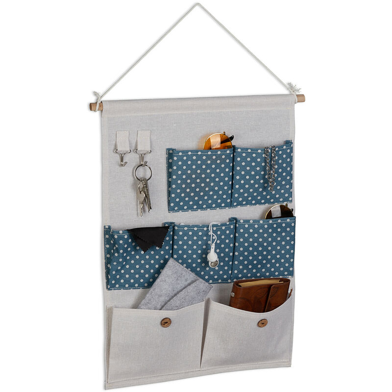 foto del prodotto relaxdays organizer da parete, 7 tasche in stoffa portaoggetti, 2 ganci portachiavi, ingresso, hxl 60x39 cm, crema blu