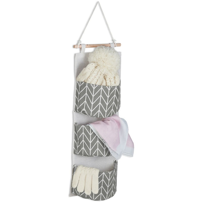 foto del prodotto relaxdays organizer da parete, hxl 74x20 cm, 3 tasche in cotone portaoggetti da appendere al muro, bagno, crema grigio