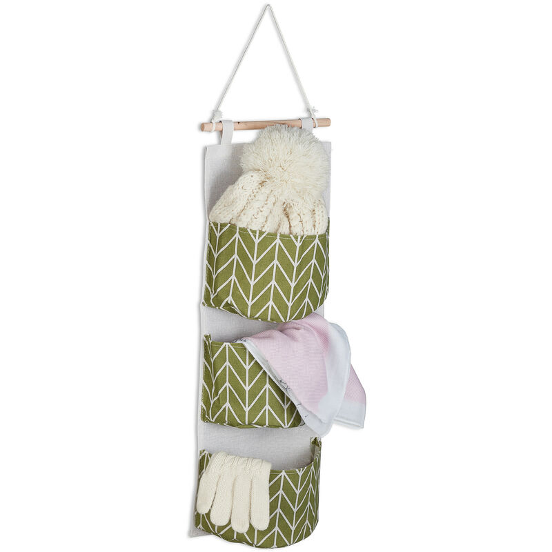 foto del prodotto relaxdays organizer da parete, hxl 74x20 cm, 3 tasche in cotone portaoggetti da appendere al muro, bagno, crema verde