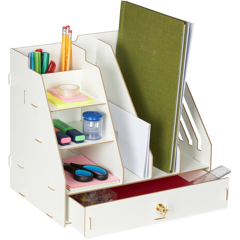 immagine 0 del prodotto relaxdays organizer da scrivania, 3 cassetti, 3 ripiani, 2 portapenne, 1 cassetto, ufficio e scuola, diy, mdf, bianco