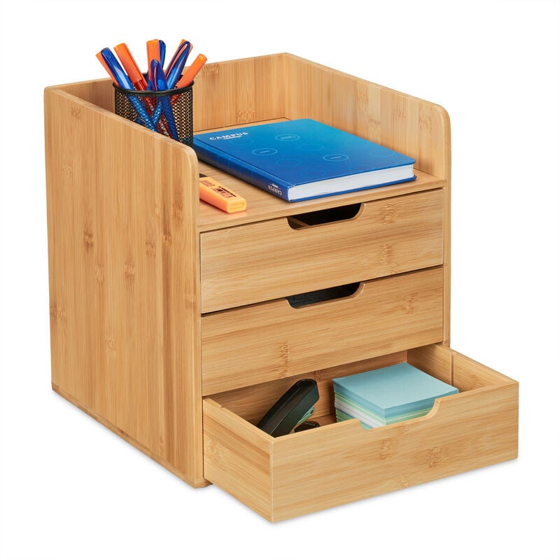 foto del prodotto relaxdays organizer da scrivania, 3 cassetti portaoggetti, per cancelleria ufficio, bamb , hlp 33 x 30 x 31 cm, marrone