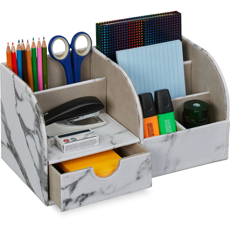 foto del prodotto relaxdays organizer da scrivania, 6 scomparti, cassetto, portaoggetti effetto marmo, hlp 14,5x28x14,5 cm, grigio bianco