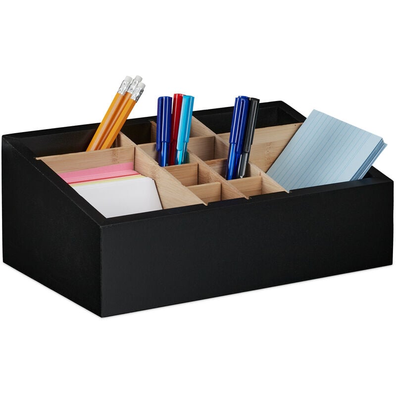 foto del prodotto relaxdays organizer da scrivania con 12 scomparti regolabili, bamb e mdf, ufficio o bagno, 12x30x18 cm, naturale nero