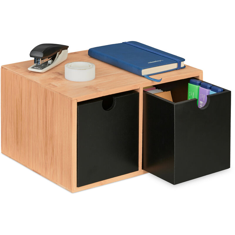 foto del prodotto relaxdays organizer da scrivania con 2 cassetti, portaoggetti per organizzare l ufficio, 14,5x24,5x20 cm, naturale nero