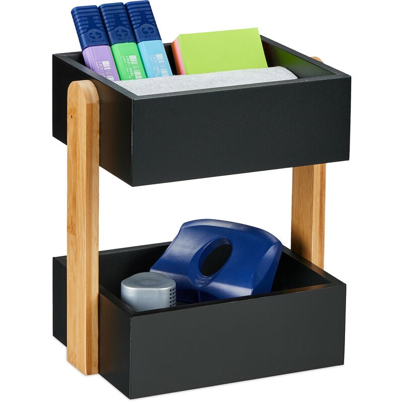 foto del prodotto relaxdays organizer da scrivania con 2 scomparti aperti, bamb e mdf, portaoggetti ufficio, 25x22x16,5cm, naturale nero