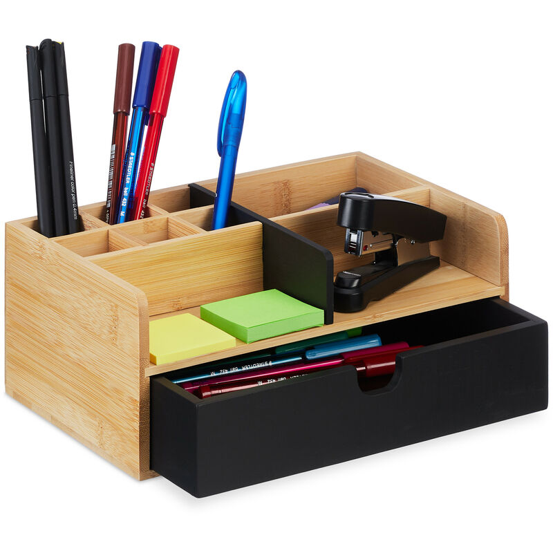 foto del prodotto relaxdays organizer da scrivania, in bamb , 1 cassetto, 9 scomparti, portapenne da ufficio, 10x25x15,5 cm, marrone nero