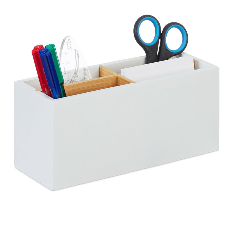 foto del prodotto relaxdays organizer da scrivania, in bamb , 4 scomparti, portapenne da ufficio, box cosmetici, hlp 8 x 21 x 9 cm, bianco