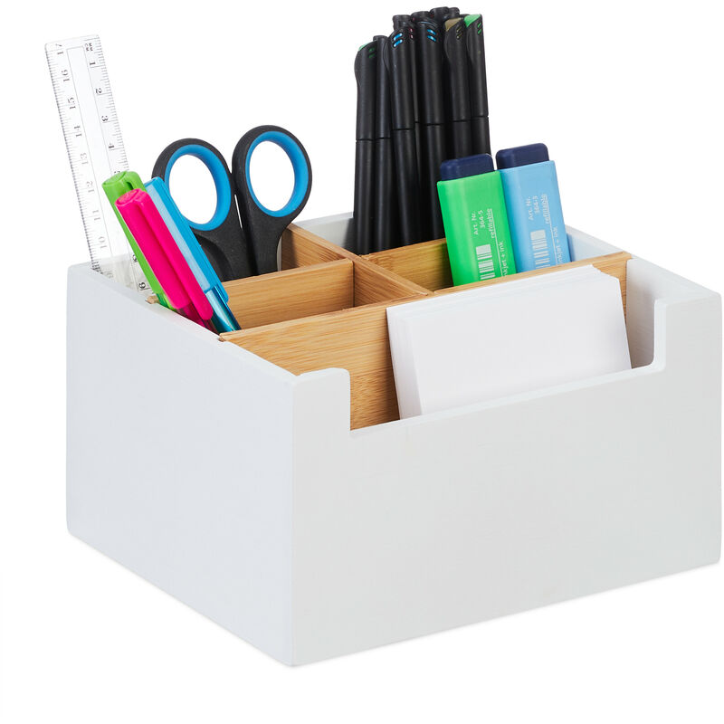 foto del prodotto relaxdays organizer da scrivania, in bamb , 5 scomparti, portapenne da ufficio, box cosmetici, 9,5 x 18 x 15 cm, bianco