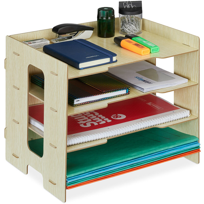 foto del prodotto relaxdays organizer da scrivania portadocumenti, 3 scomparti a4, hlp 27x31,5x24 cm, portalettere in mdf, marrone chiaro