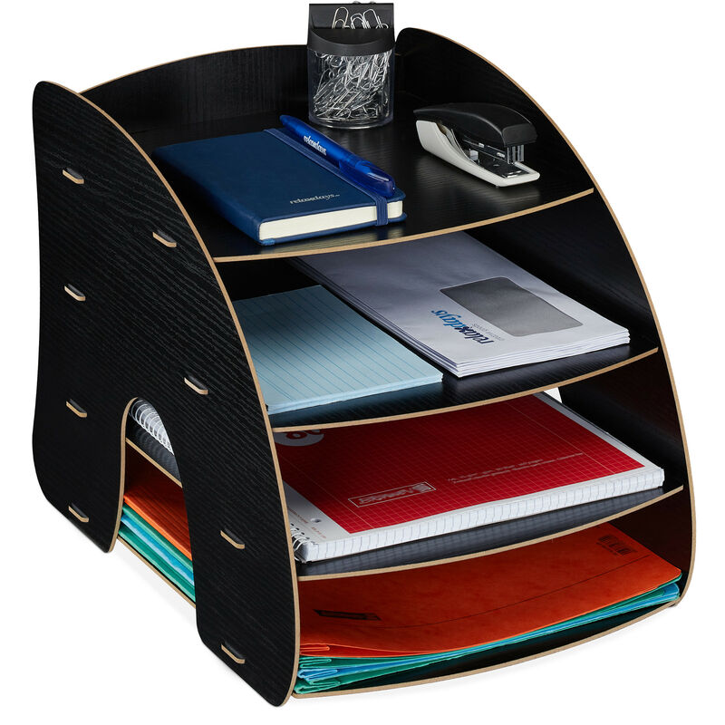 foto del prodotto relaxdays organizer da scrivania portadocumenti, 4 scomparti portalettere a4, hlp 27x25,5x34,5 cm, mdf, ufficio, nero