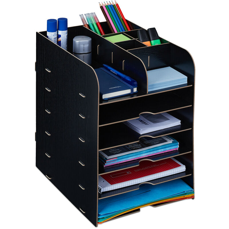 foto del prodotto relaxdays organizer da scrivania, portapenne e portadocumenti, 12 scomparti, hlp 34,5 x 25 x 32 cm, in mdf, nero