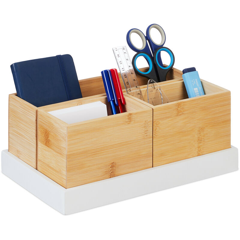 foto del prodotto relaxdays organizer in bamb organizzatore in 4 parti, per utensili da scrivania, cosmetici, marrone bianco