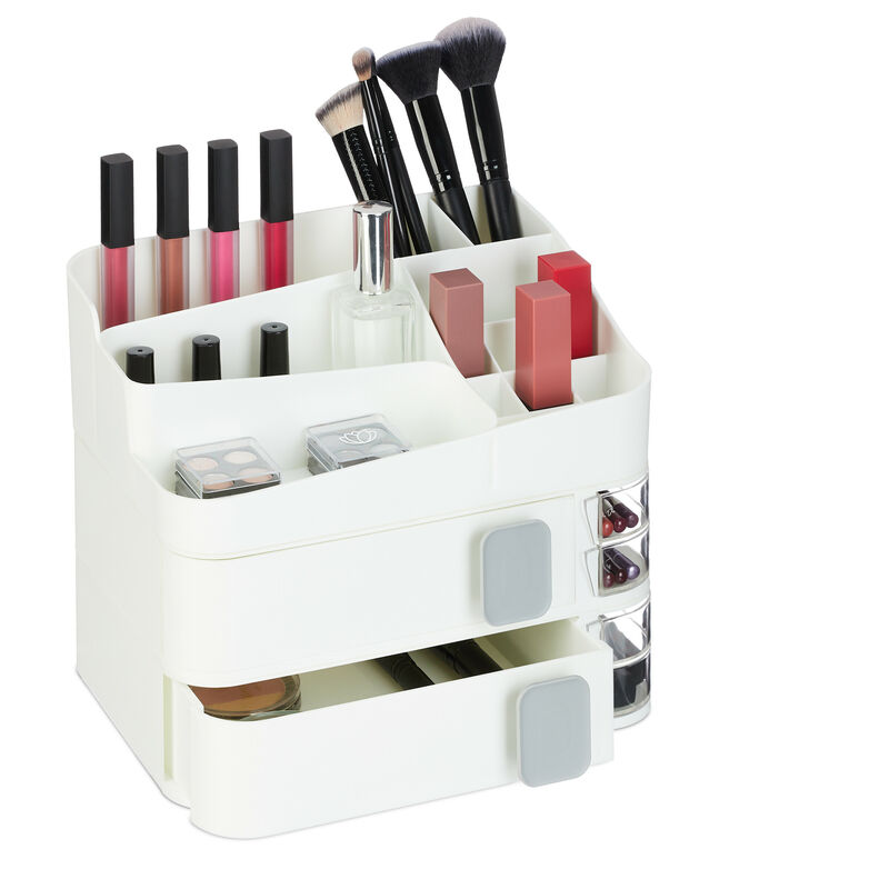 foto del prodotto relaxdays organizer per trucchi, organizzatore make up con 21 scomparti cosmetici, in plastica, 21,5x26x21 cm, bianco
