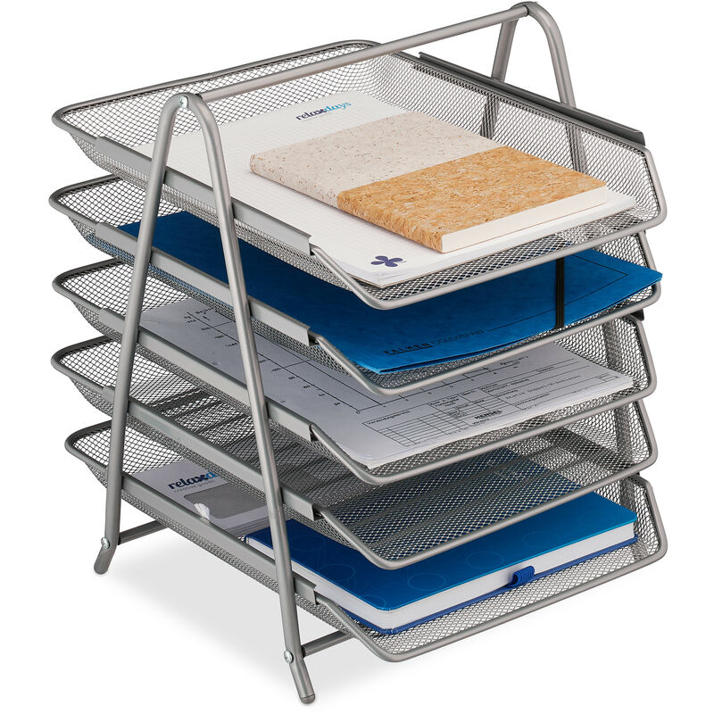 foto del prodotto relaxdays organizer portadocumenti con 5 vaschette, portalettere a4, hlp 37,5 x 30 x 35 cm, rete in acciaio, argentato