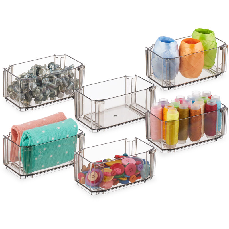 foto del prodotto relaxdays organizer portaoggetti da cassetto, set da 6 scatole per scrivania o in bagno, plastica trasparente, marrone