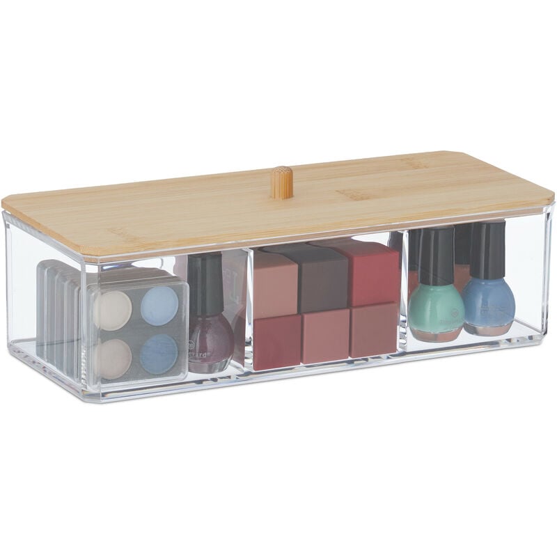 foto del prodotto relaxdays organizer trucchi, 3 scomparti make up, bamb e plastica, 7,5x23x9,5 cm portatrucchi, trasparente naturale