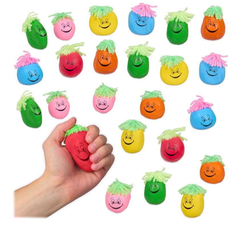 foto del prodotto relaxdays palline antistress, con smiley e capelli, set 24 palle morbide da 6 cm, gioco per bambini e adulti, colorati