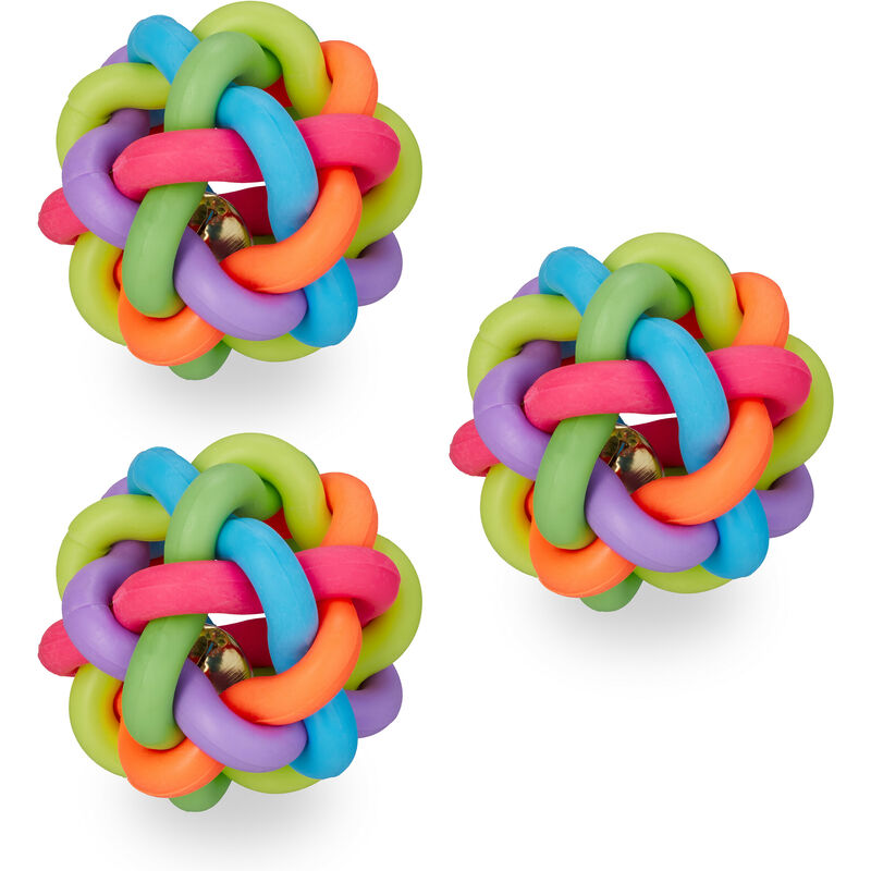 foto del prodotto relaxdays palline per cani e gatti, set 3 palle di gomma con sonaglio, gioco interattivo per cuccioli 6,5 cm, colorato