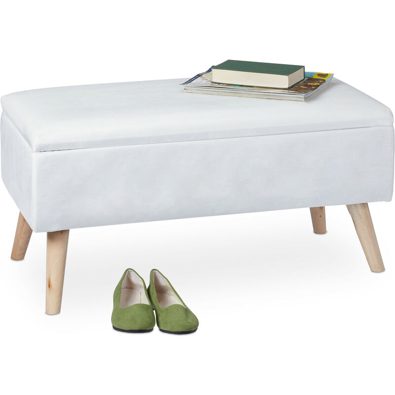 foto del prodotto relaxdays panca contenitore, 40x41x80 cm, 40l, seduta imbottita, gambe in legno, pouf cassapanca, 2 posti, bianco