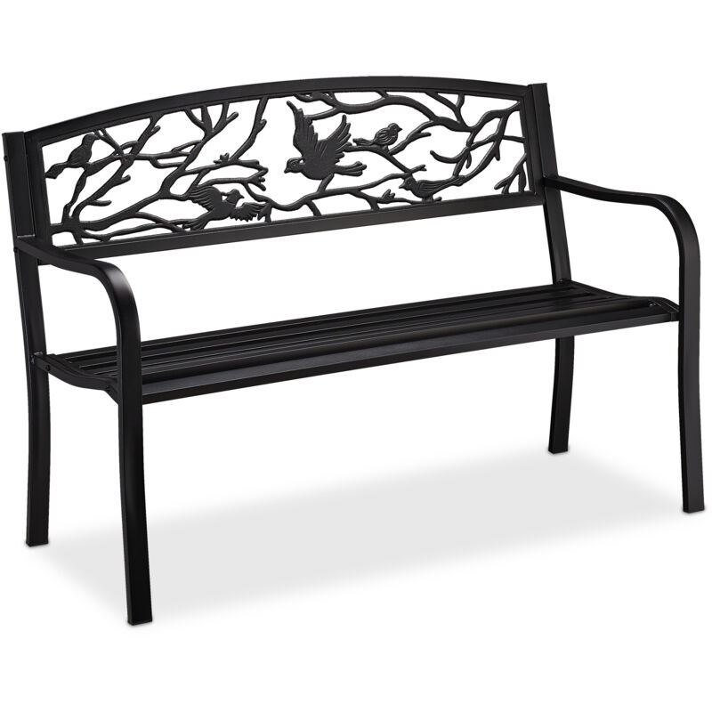 foto del prodotto relaxdays panca da giardino, con volatili decorativi, accessorio di arredo da esterno, hlp 87x127x57 cm, nera