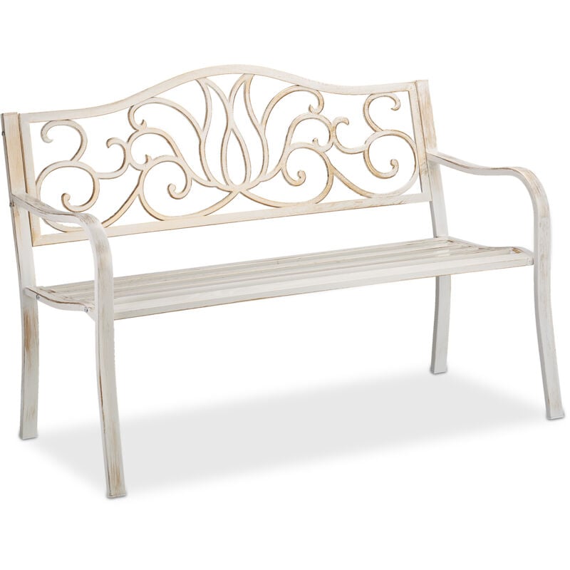 foto del prodotto relaxdays panca da giardino per 2 persone, stile antico, balcone acciaio e ghisa, 90x127,5x63 cm, bianco-bronzo